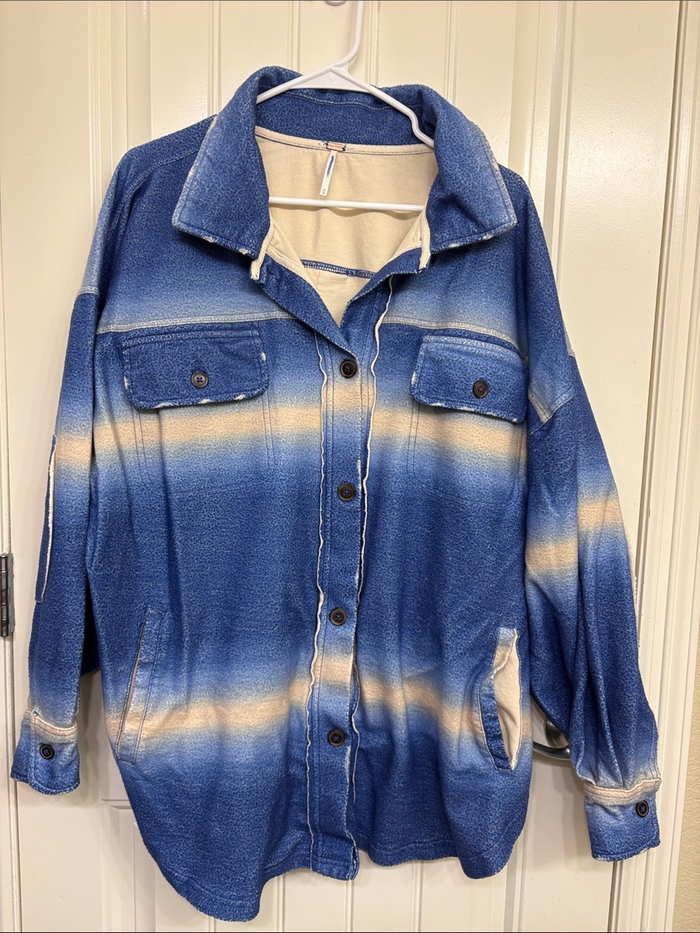 Free People Women’s Print Ruby Blue Deep Sea Ombre Button-Up Distressed Shacket